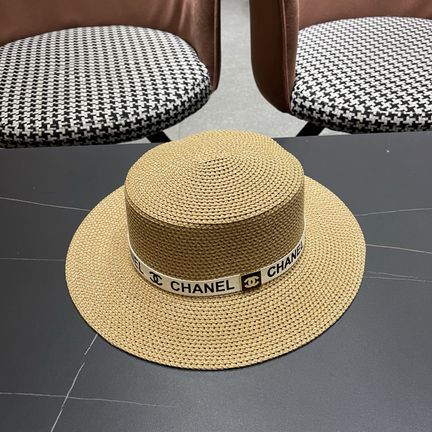 Chanel香奈儿平顶草帽，新款小礼帽，头围57cm​