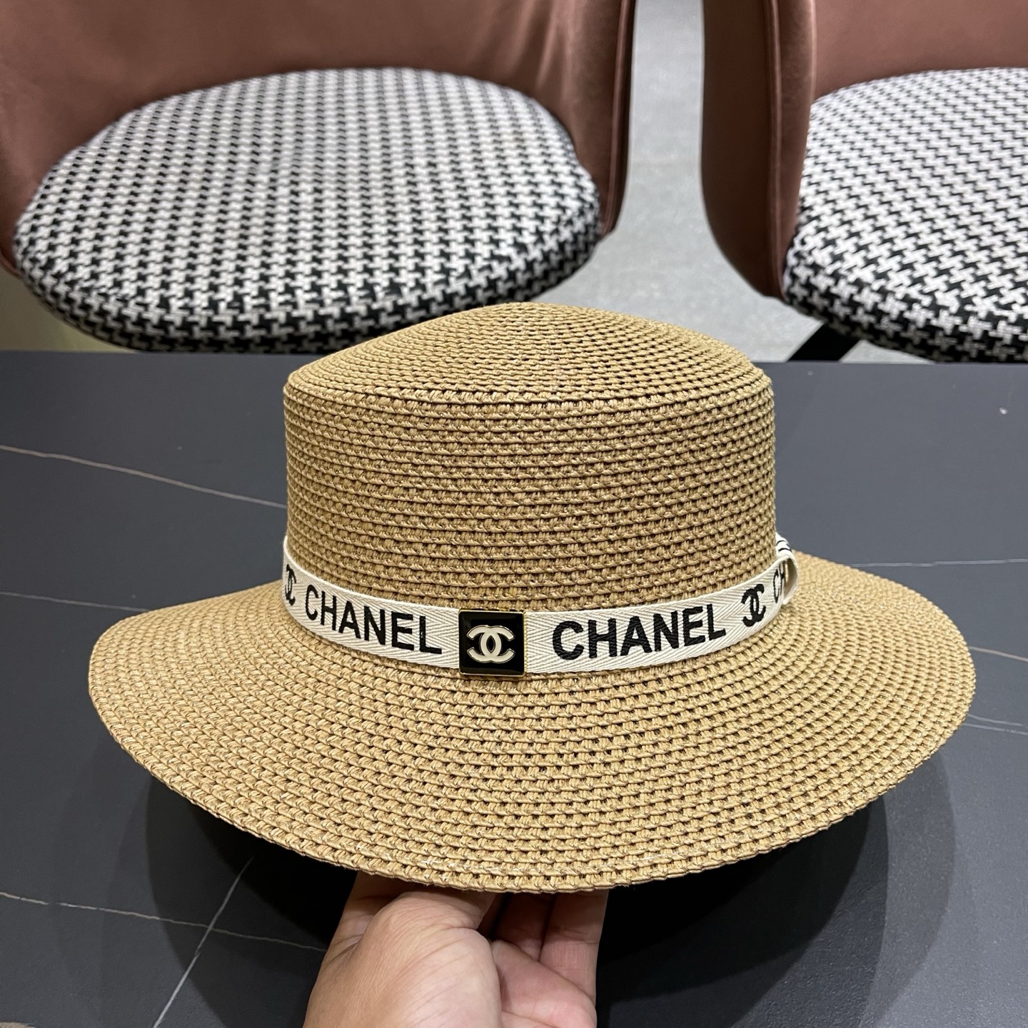 Chanel香奈儿平顶草帽，新款小礼帽，头围57cm​