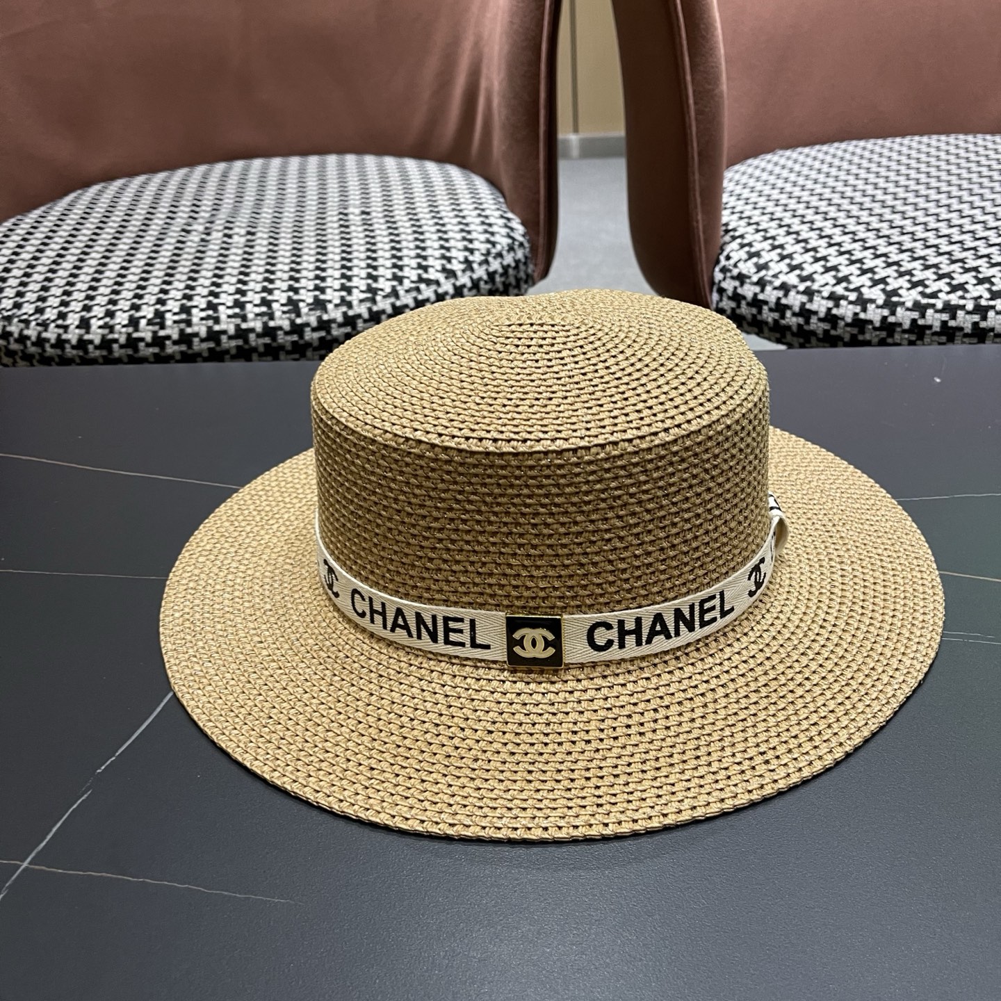 Chanel香奈儿平顶草帽，新款小礼帽，头围57cm​