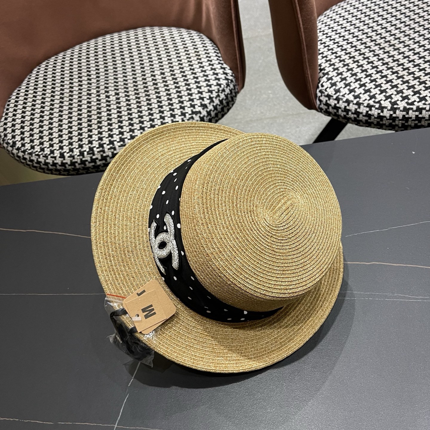 CHANEL香奈儿 法式波点平顶草帽女夏季海边度假出游遮阳防晒帽子大帽檐草编礼帽