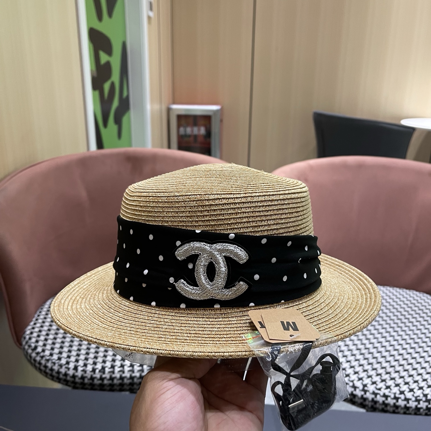 CHANEL香奈儿 法式波点平顶草帽女夏季海边度假出游遮阳防晒帽子大帽檐草编礼帽