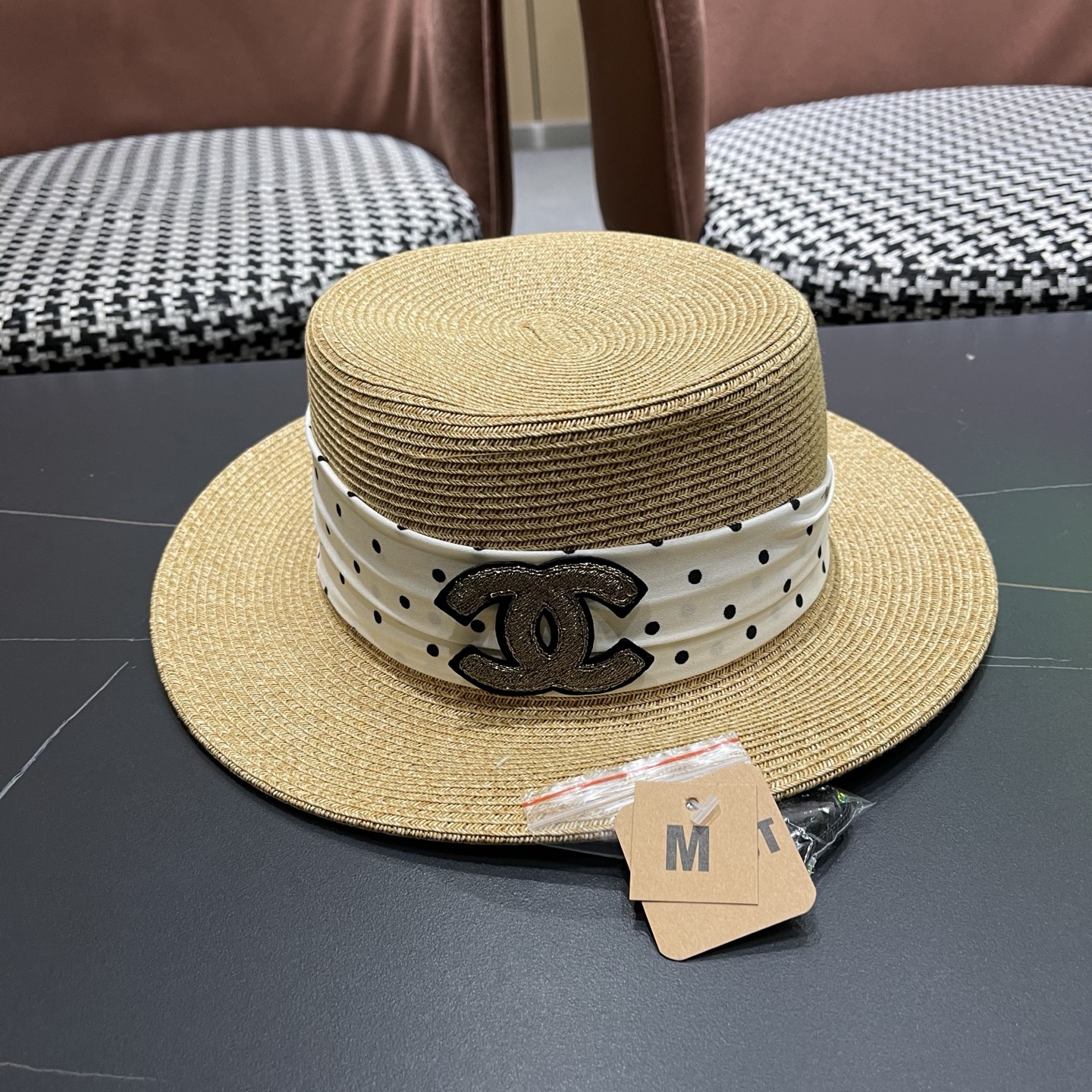 CHANEL香奈儿 法式波点平顶草帽女夏季海边度假出游遮阳防晒帽子大帽檐草编礼帽