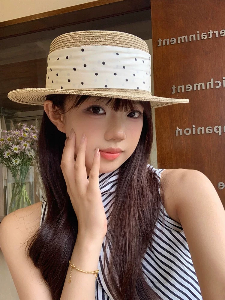 CHANEL香奈儿 法式波点平顶草帽女夏季海边度假出游遮阳防晒帽子大帽檐草编礼帽