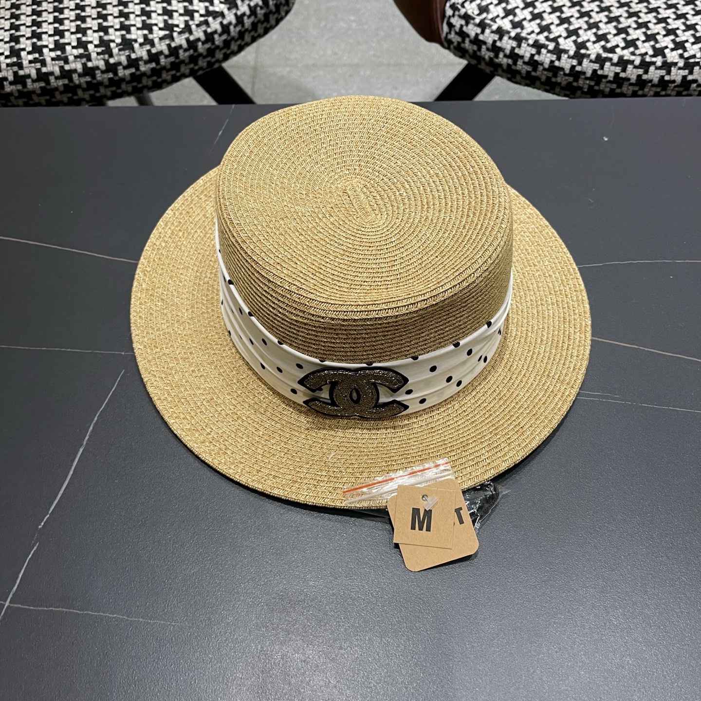 CHANEL香奈儿 法式波点平顶草帽女夏季海边度假出游遮阳防晒帽子大帽檐草编礼帽