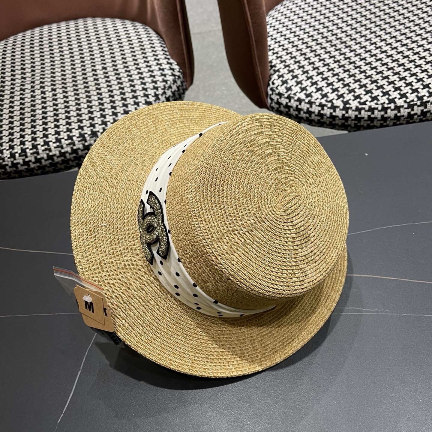 CHANEL香奈儿 法式波点平顶草帽女夏季海边度假出游遮阳防晒帽子大帽檐草编礼帽