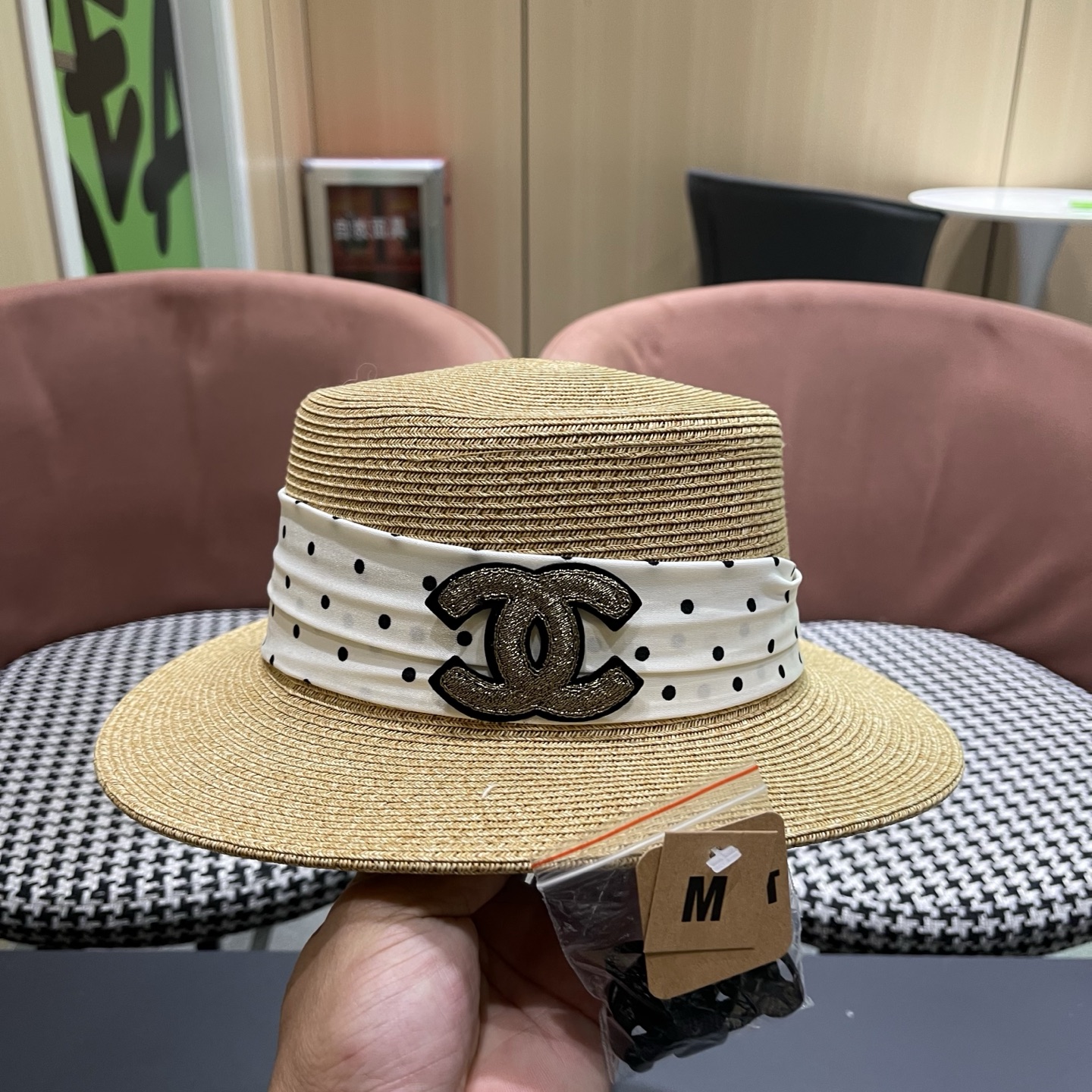 CHANEL香奈儿 法式波点平顶草帽女夏季海边度假出游遮阳防晒帽子大帽檐草编礼帽