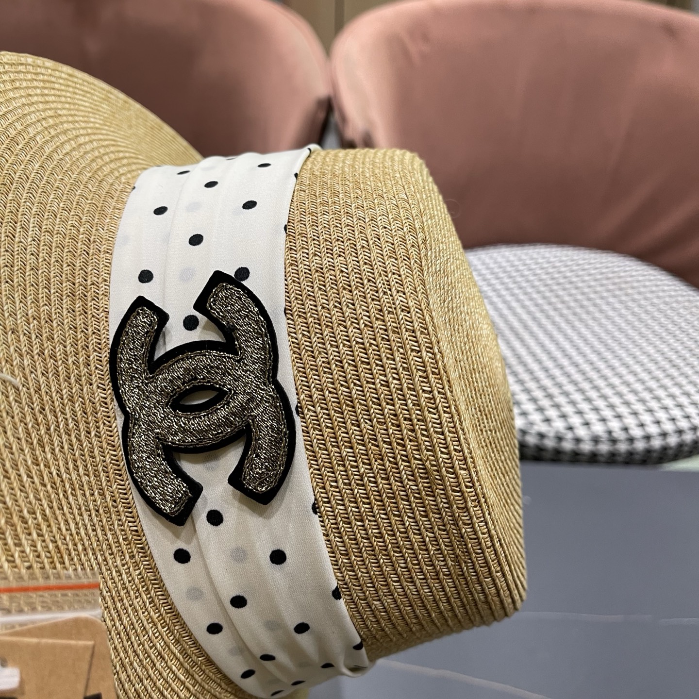 CHANEL香奈儿 法式波点平顶草帽女夏季海边度假出游遮阳防晒帽子大帽檐草编礼帽