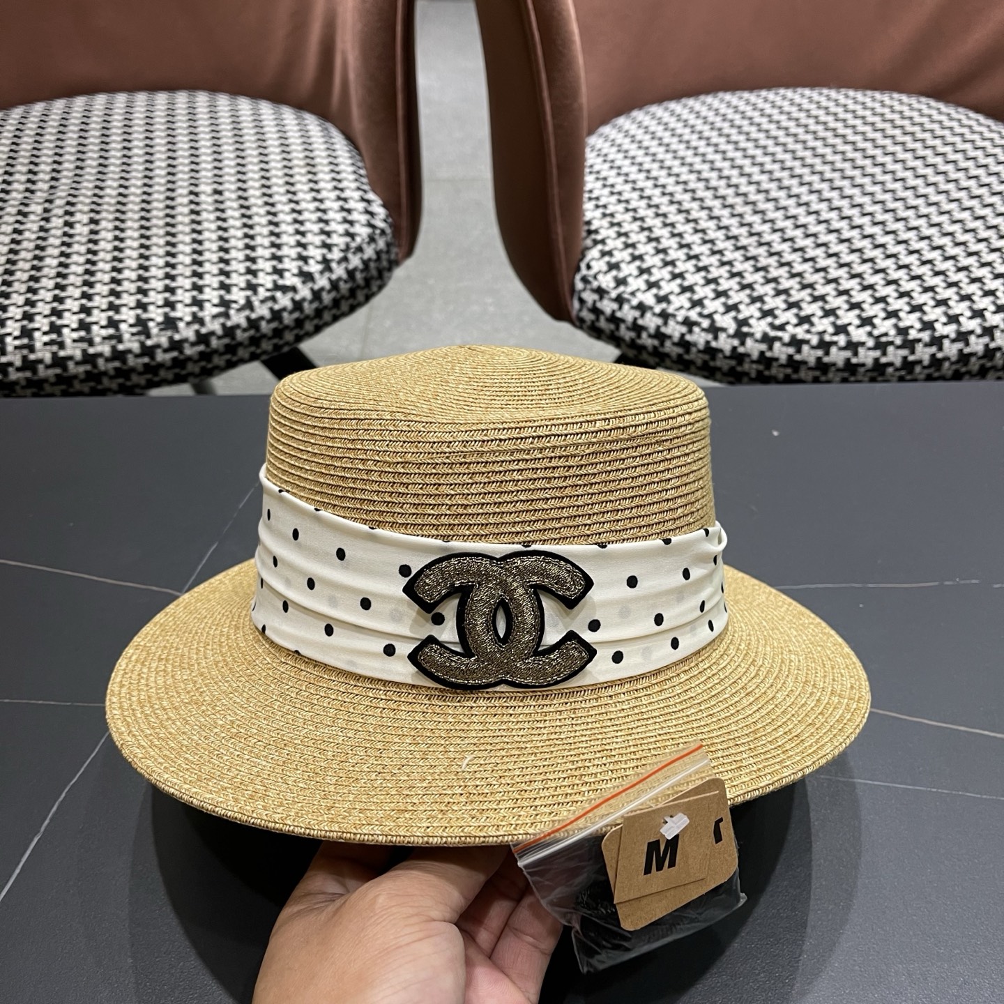 CHANEL香奈儿 法式波点平顶草帽女夏季海边度假出游遮阳防晒帽子大帽檐草编礼帽