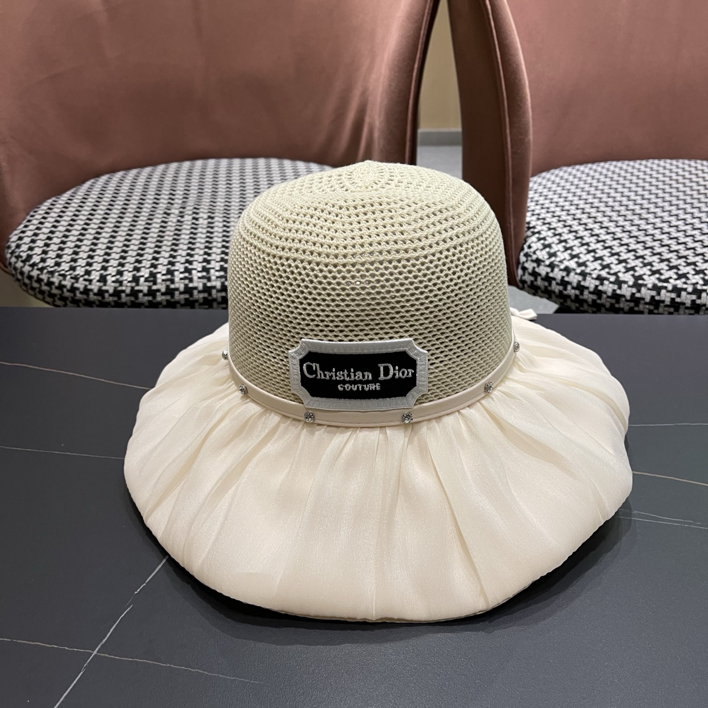 Dior迪奥 款珍珠蝴蝶结渔夫帽女夏季时尚大檐防紫外线防晒遮阳帽太阳帽潮