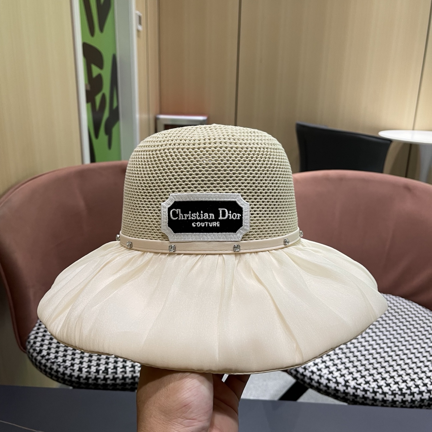 Dior迪奥 款珍珠蝴蝶结渔夫帽女夏季时尚大檐防紫外线防晒遮阳帽太阳帽潮