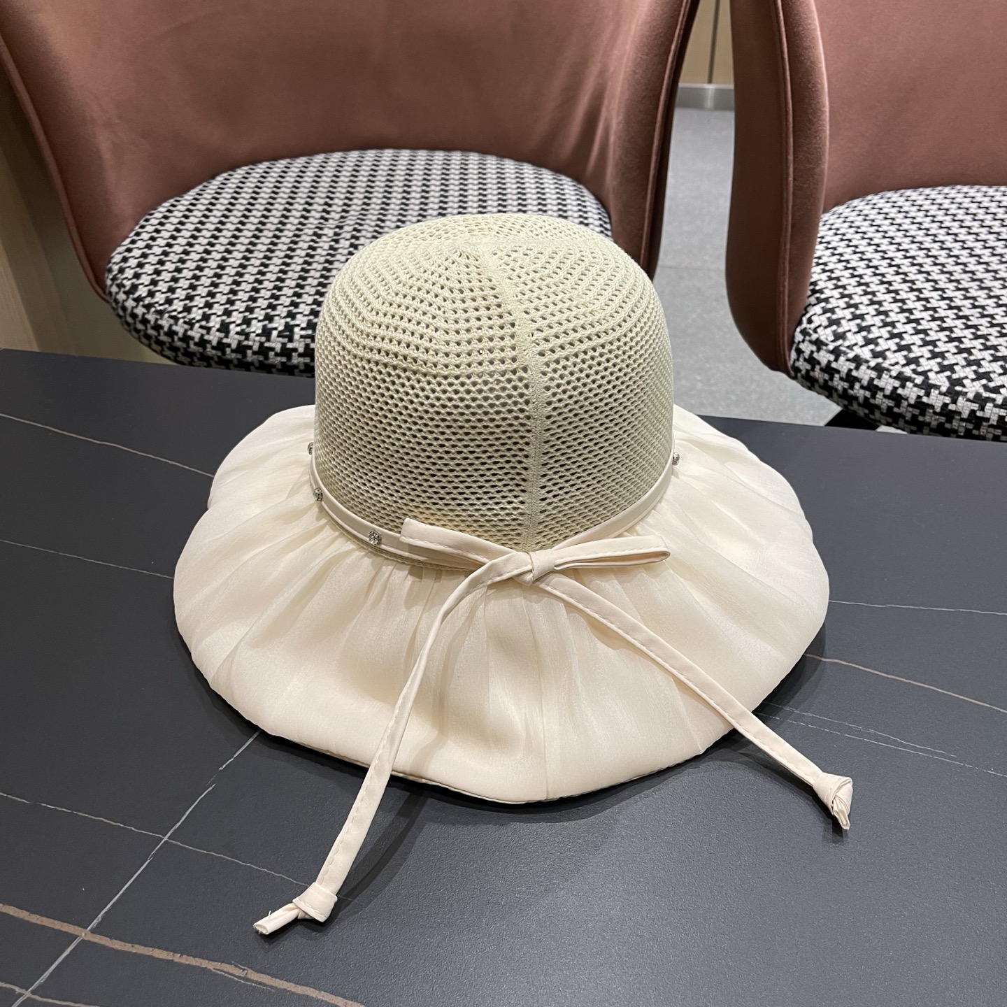 Dior迪奥 款珍珠蝴蝶结渔夫帽女夏季时尚大檐防紫外线防晒遮阳帽太阳帽潮