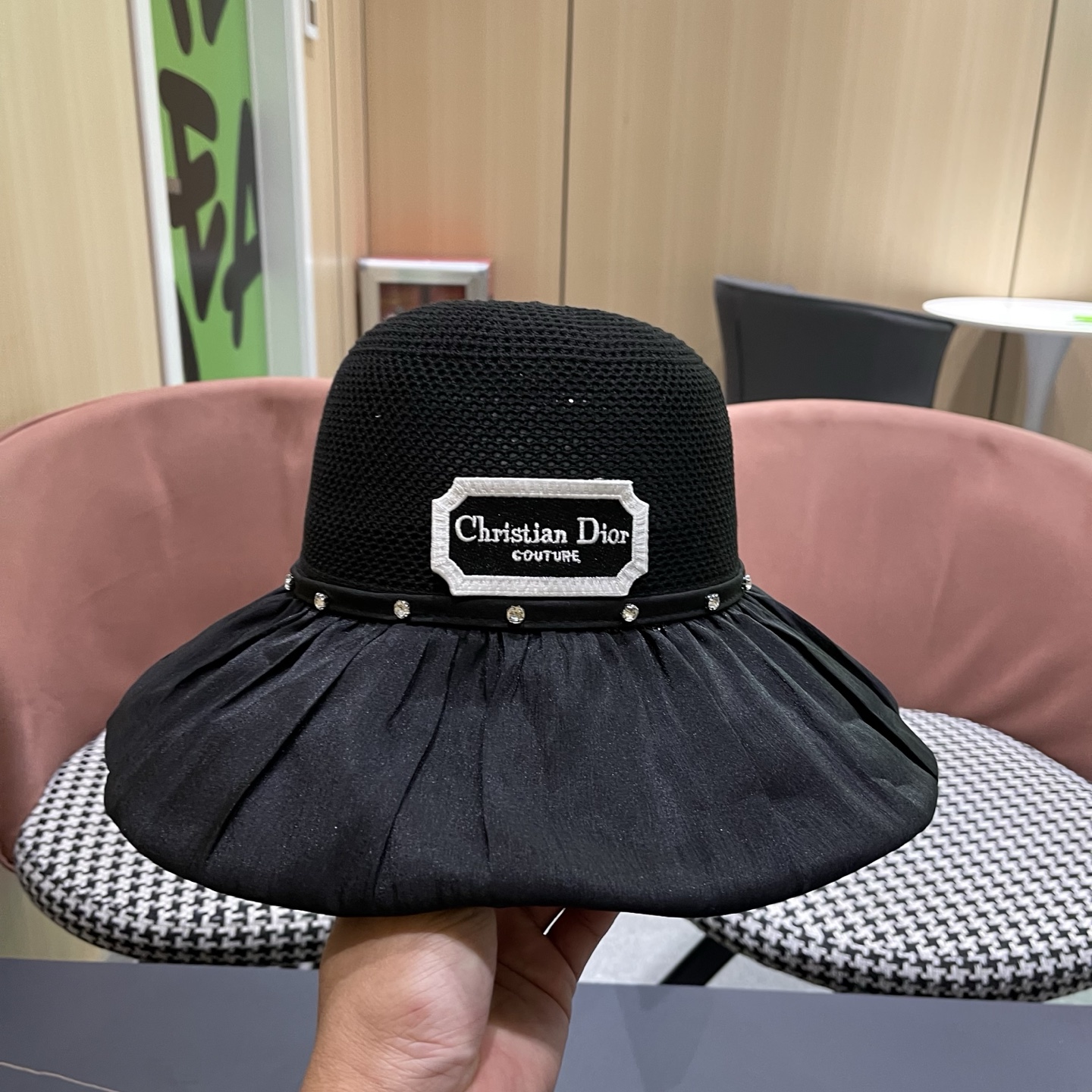 Dior迪奥 款珍珠蝴蝶结渔夫帽女夏季时尚大檐防紫外线防晒遮阳帽太阳帽潮