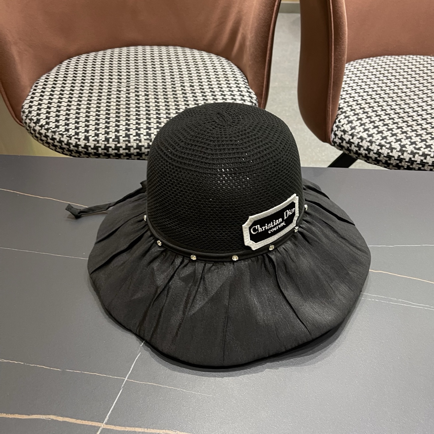 Dior迪奥 款珍珠蝴蝶结渔夫帽女夏季时尚大檐防紫外线防晒遮阳帽太阳帽潮