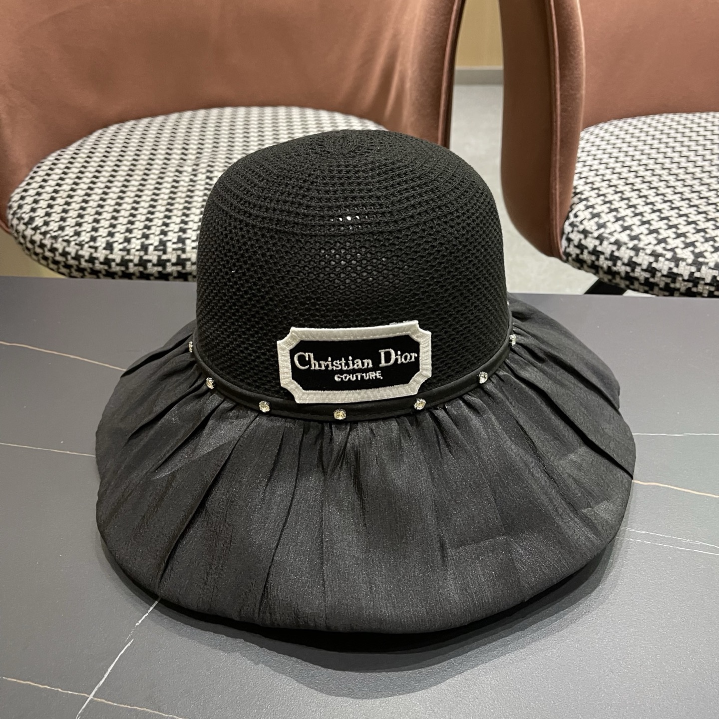 Dior迪奥 款珍珠蝴蝶结渔夫帽女夏季时尚大檐防紫外线防晒遮阳帽太阳帽潮