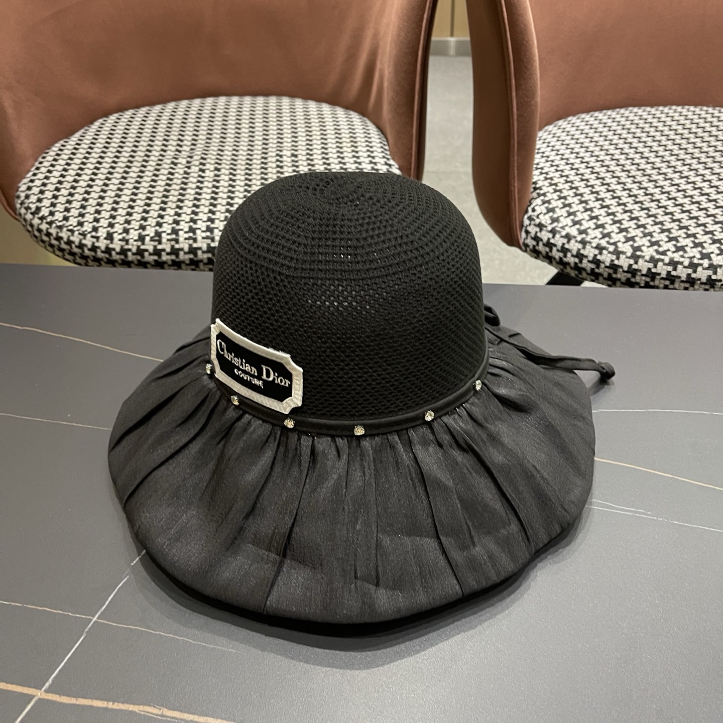 Dior迪奥 款珍珠蝴蝶结渔夫帽女夏季时尚大檐防紫外线防晒遮阳帽太阳帽潮