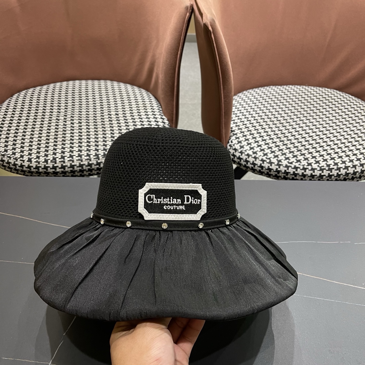 Dior迪奥 款珍珠蝴蝶结渔夫帽女夏季时尚大檐防紫外线防晒遮阳帽太阳帽潮