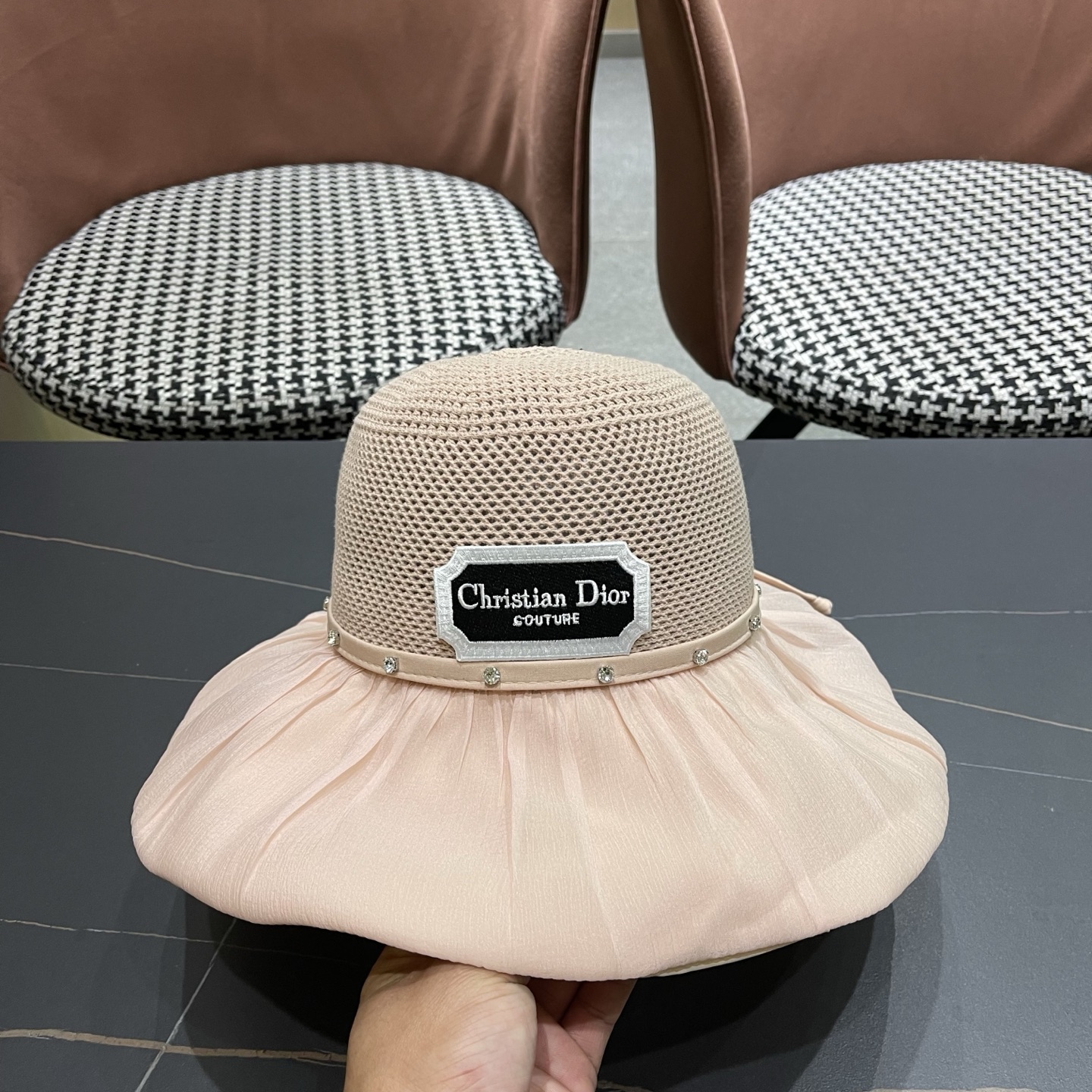 Dior迪奥 款珍珠蝴蝶结渔夫帽女夏季时尚大檐防紫外线防晒遮阳帽太阳帽潮