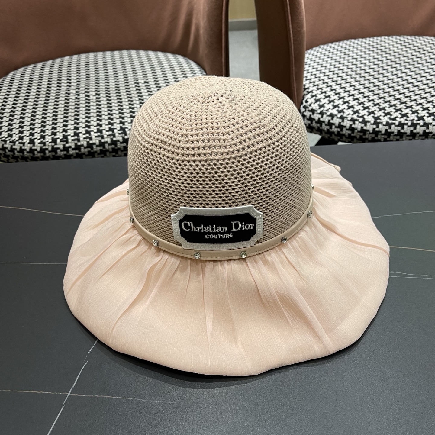 Dior迪奥 款珍珠蝴蝶结渔夫帽女夏季时尚大檐防紫外线防晒遮阳帽太阳帽潮