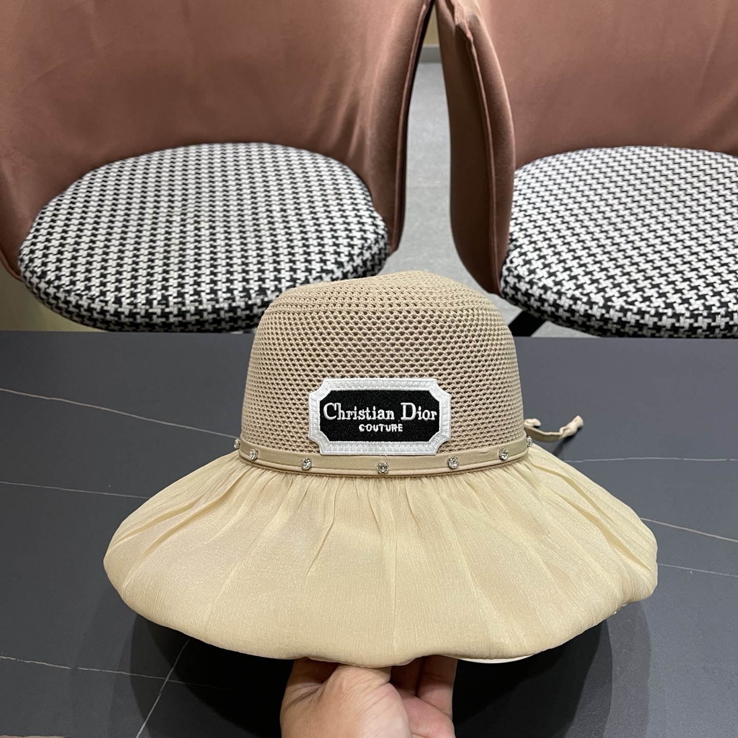 Dior迪奥 款珍珠蝴蝶结渔夫帽女夏季时尚大檐防紫外线防晒遮阳帽太阳帽潮