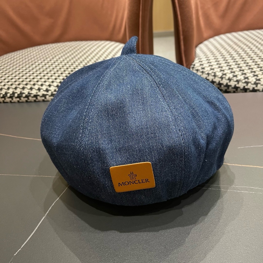 蒙口 MONCLER（蒙口）日系网红牛仔贝雷帽子女春秋款潮浅蓝色复古金属标画家蓓蕾帽夏季