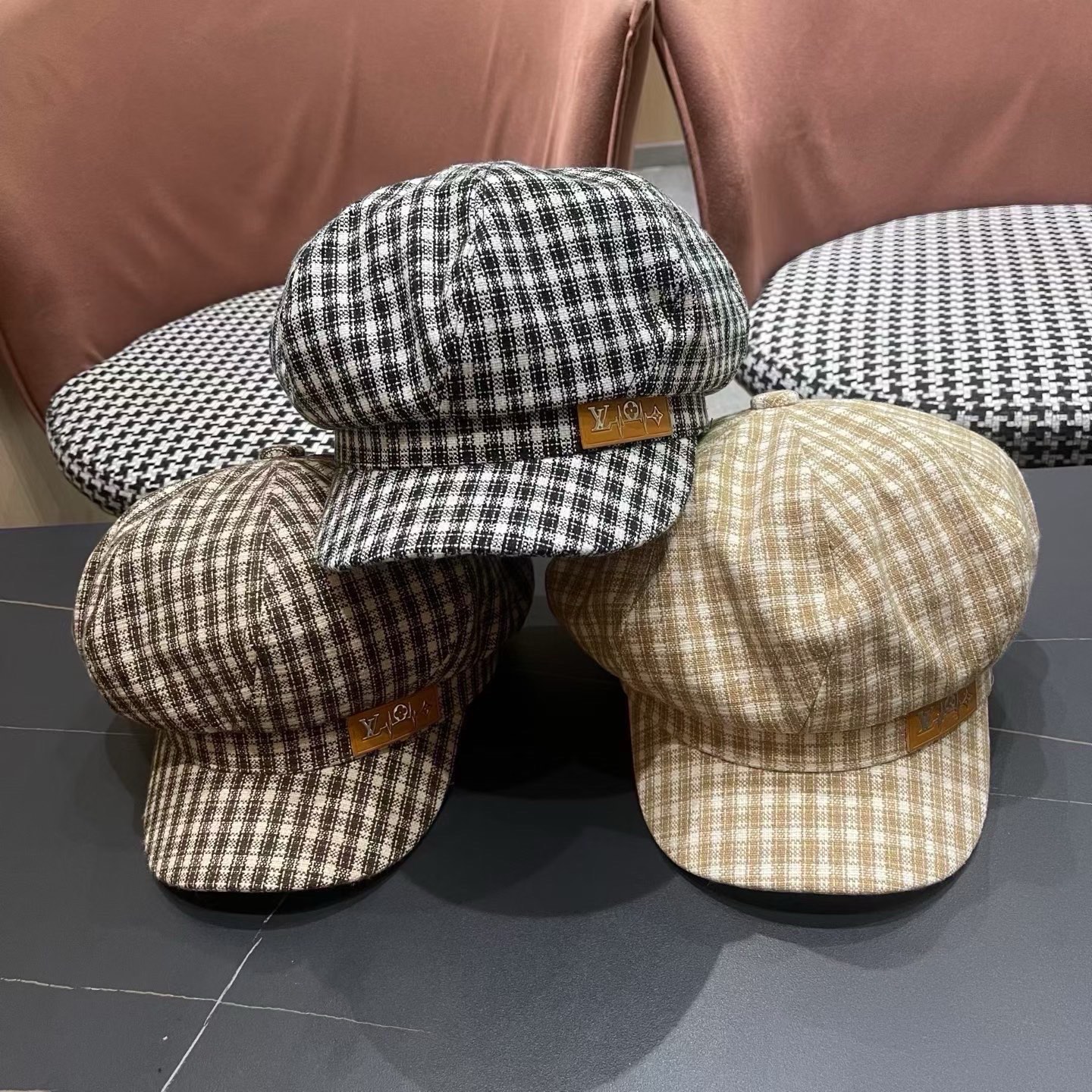 Lv路易威登 日韩系格纹八角帽女休闲复古时尚百搭贝雷帽渔春秋夏季文艺画家帽