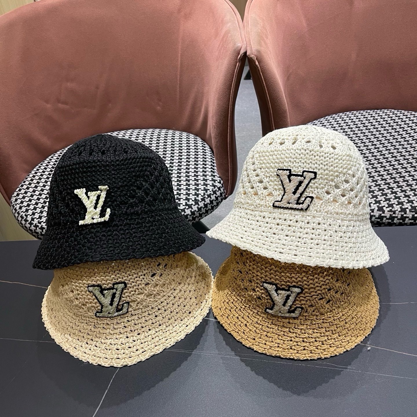 LV路易威登 韩国镂空编织水桶帽渔夫帽女夏季透气针织菱形钩花防晒遮阳盆帽子