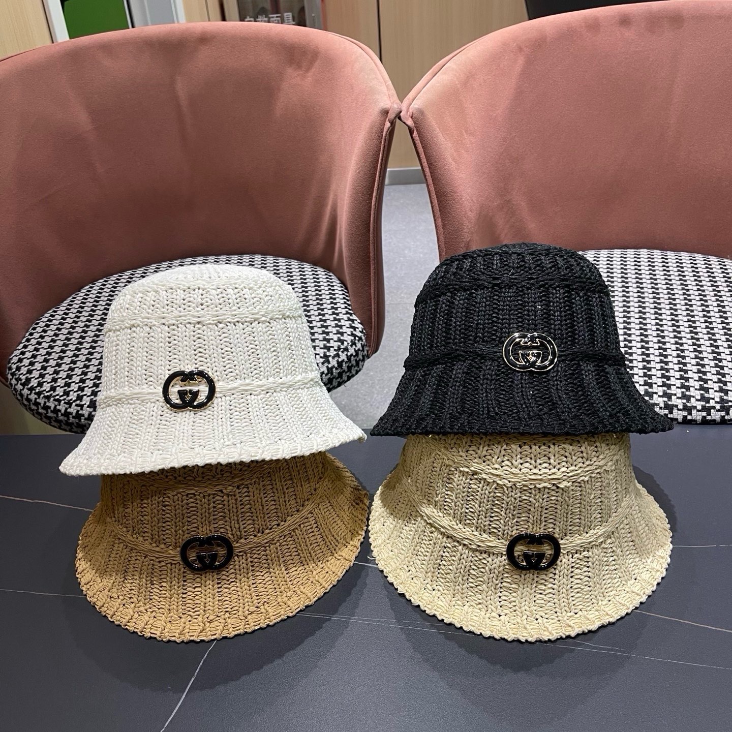 古奇GUCCI 日系纯色镂空渔夫帽子女春夏季新款透气遮阳防晒帽子盆帽草帽