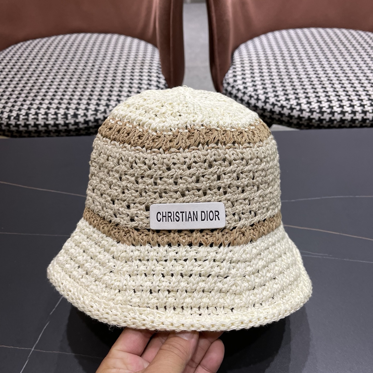 Dior迪奥 日系条纹拼色渔夫帽出游度假防晒遮阳帽休闲简约耐看针织帽