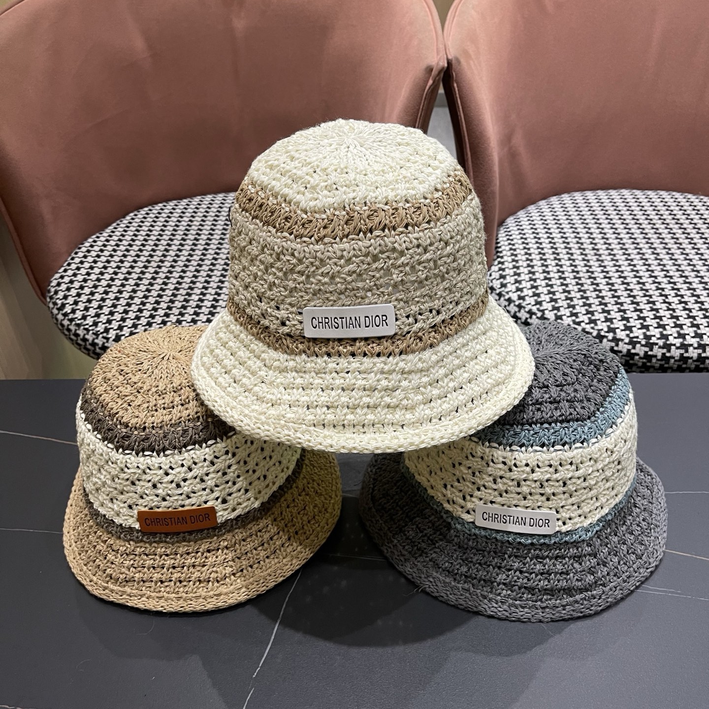 Dior迪奥 日系条纹拼色渔夫帽出游度假防晒遮阳帽休闲简约耐看针织帽