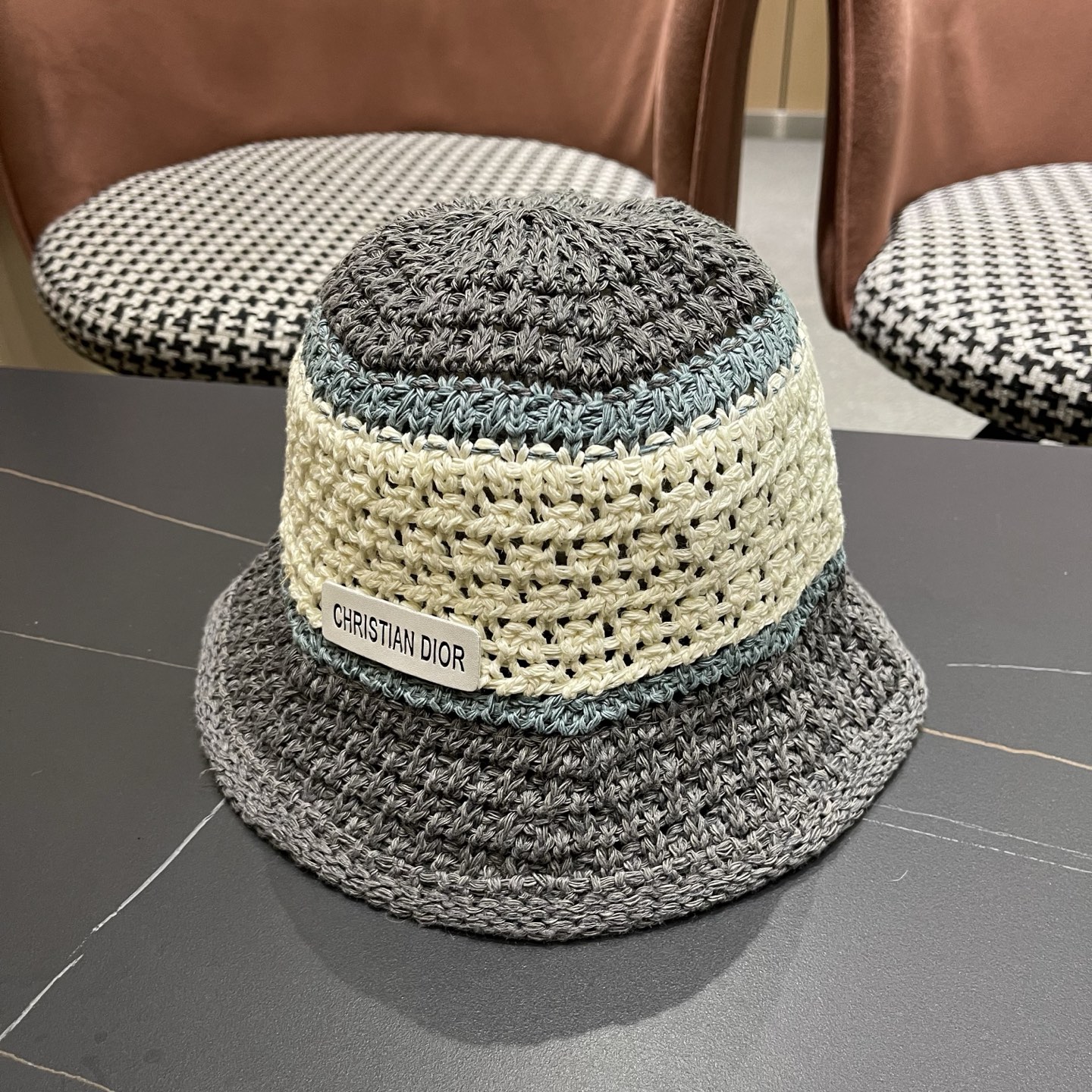 Dior迪奥 日系条纹拼色渔夫帽出游度假防晒遮阳帽休闲简约耐看针织帽