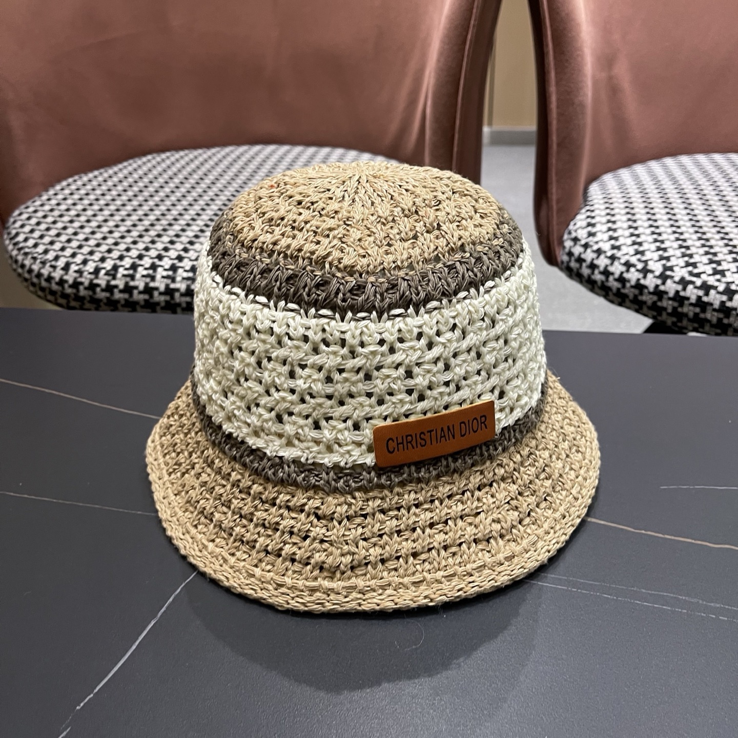 Dior迪奥 日系条纹拼色渔夫帽出游度假防晒遮阳帽休闲简约耐看针织帽