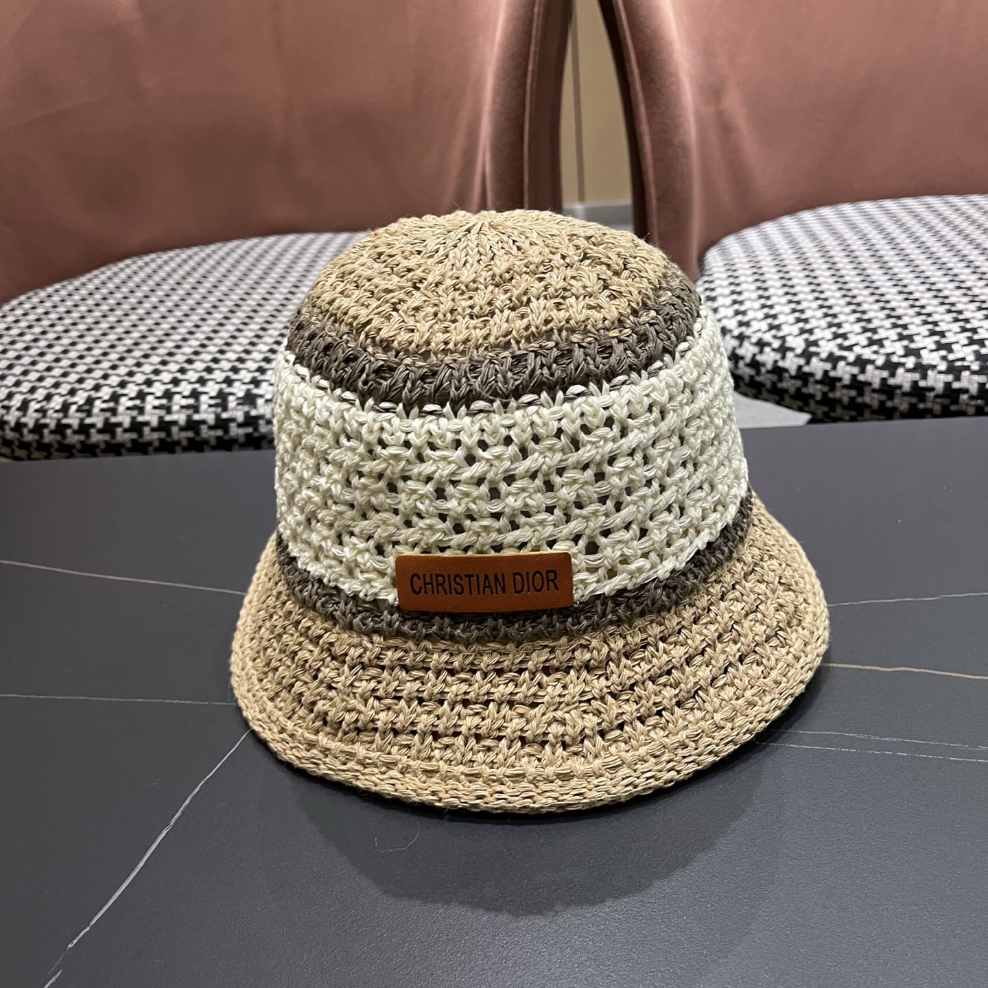 Dior迪奥 日系条纹拼色渔夫帽出游度假防晒遮阳帽休闲简约耐看针织帽