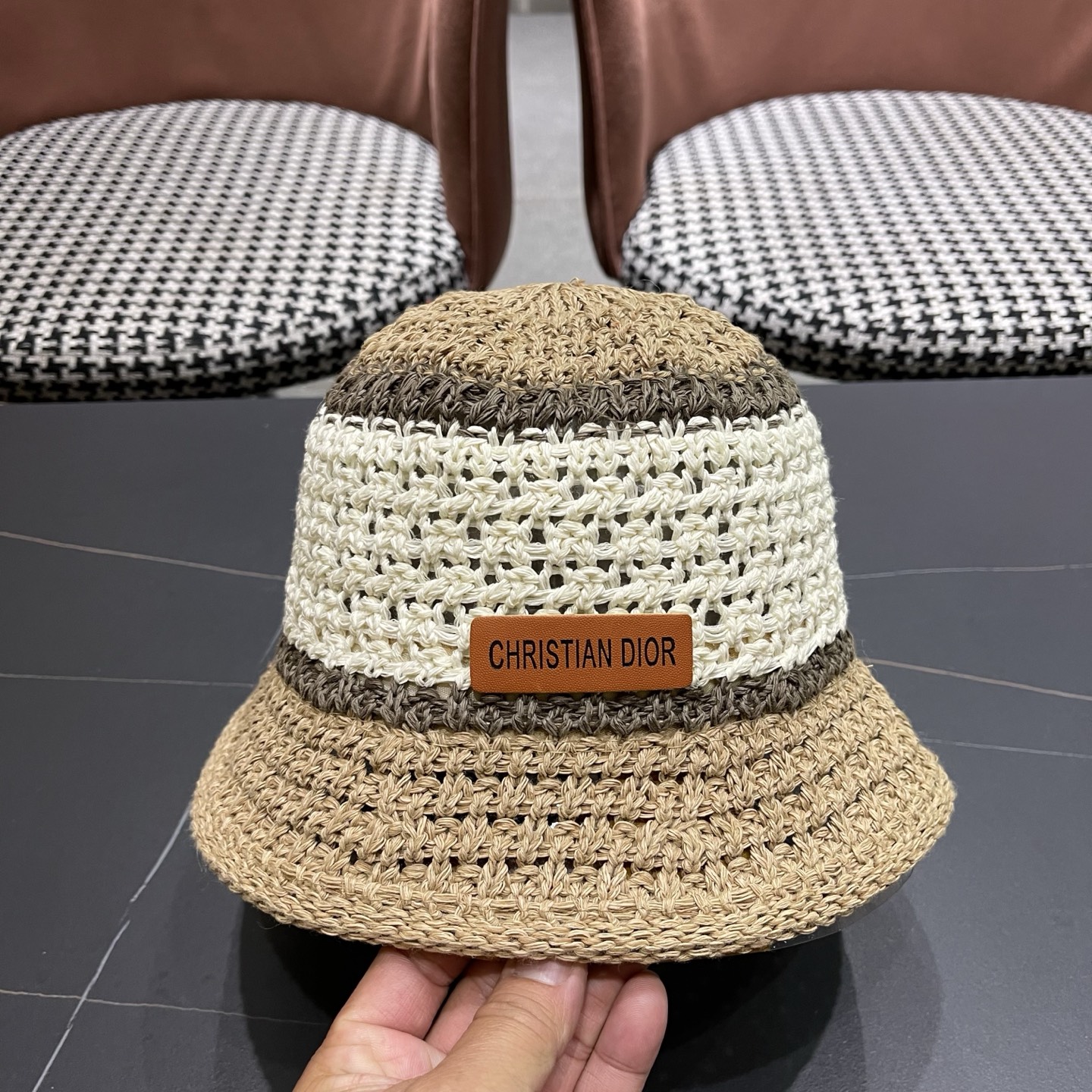 Dior迪奥 日系条纹拼色渔夫帽出游度假防晒遮阳帽休闲简约耐看针织帽