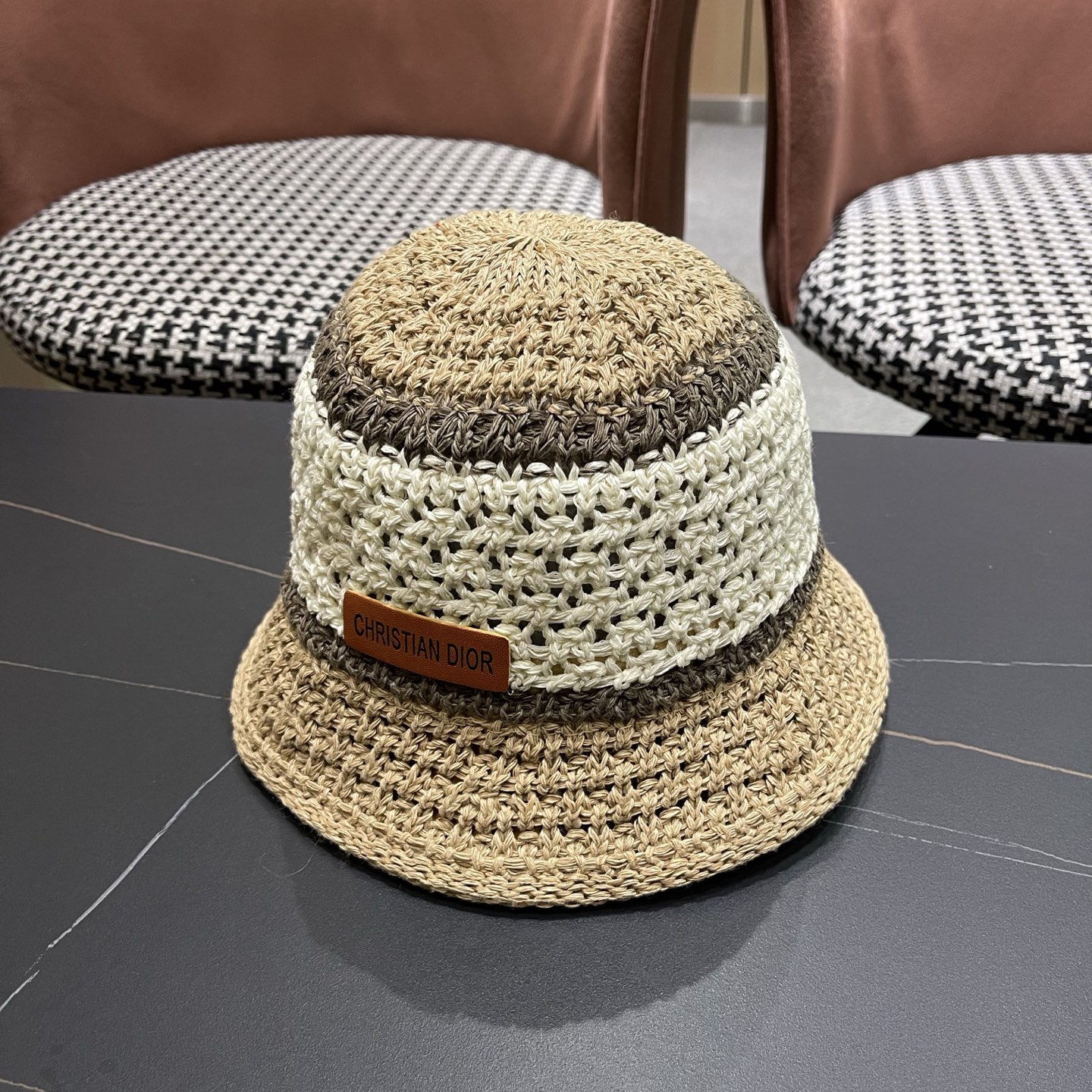 Dior迪奥 日系条纹拼色渔夫帽出游度假防晒遮阳帽休闲简约耐看针织帽