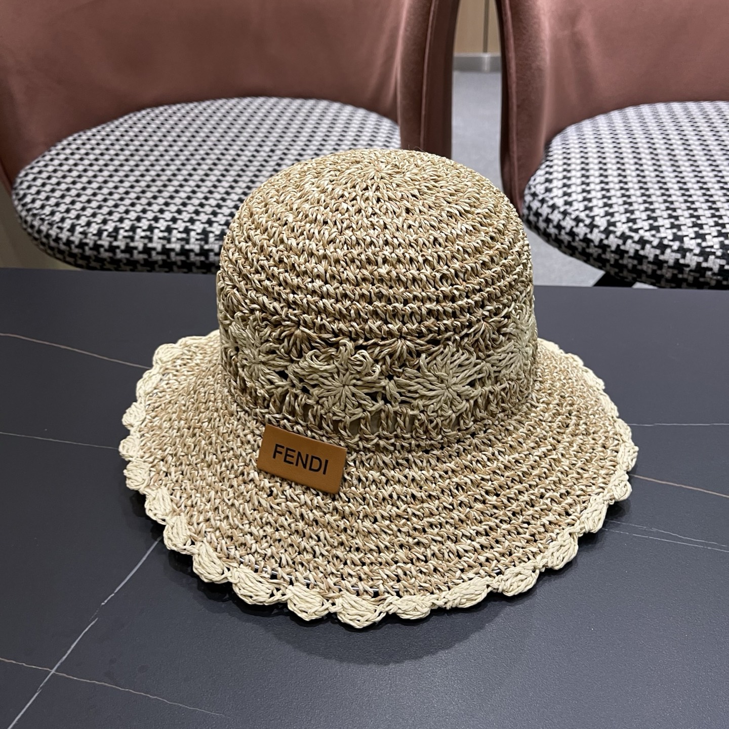 FENDI芬迪 小清新花边草帽女春夏季大帽檐可折叠防晒遮阳沙滩度假编织帽透气