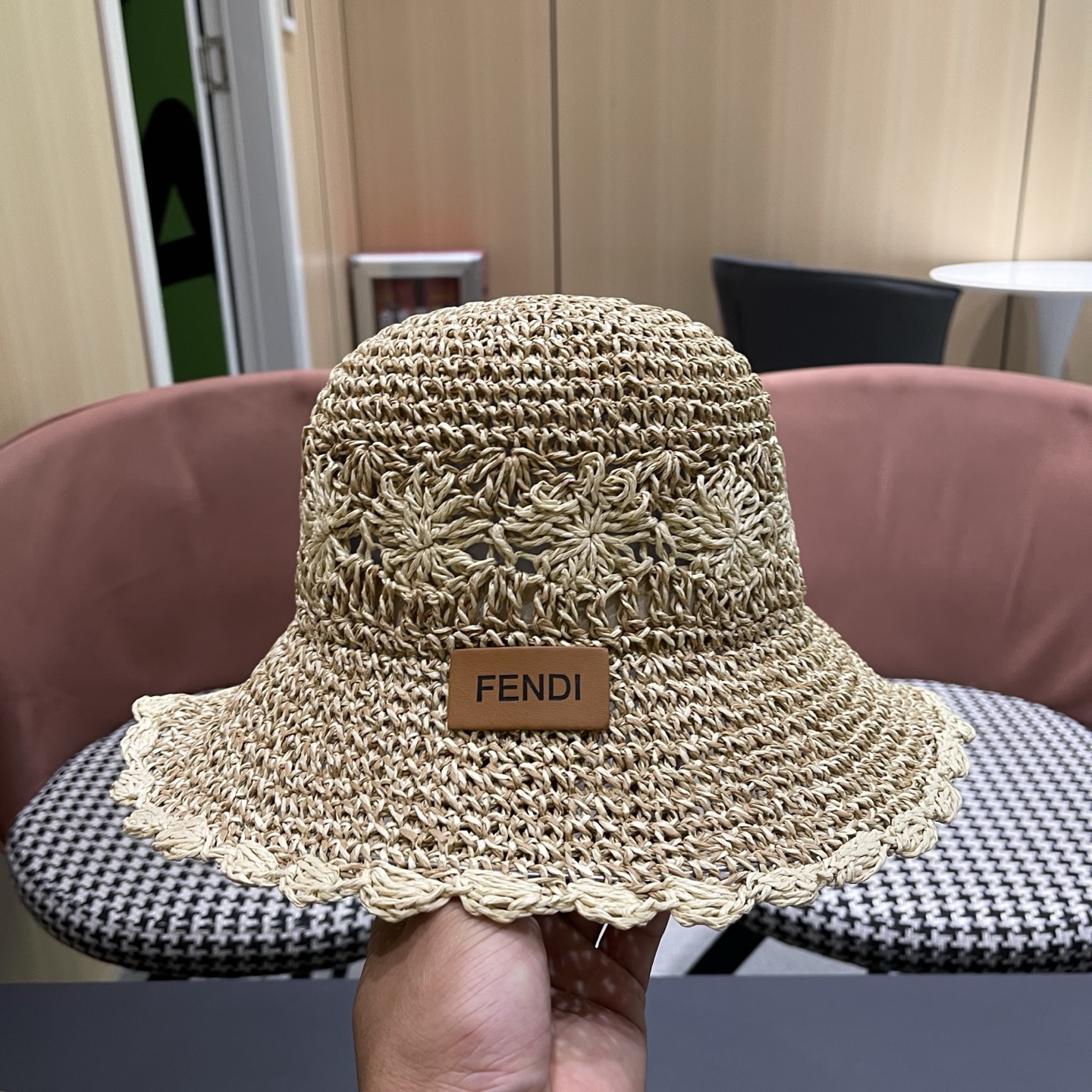 FENDI芬迪 小清新花边草帽女春夏季大帽檐可折叠防晒遮阳沙滩度假编织帽透气