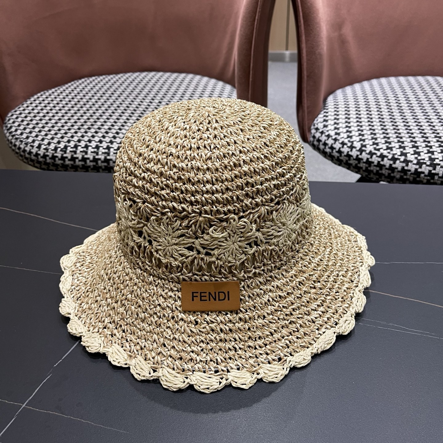 FENDI芬迪 小清新花边草帽女春夏季大帽檐可折叠防晒遮阳沙滩度假编织帽透气