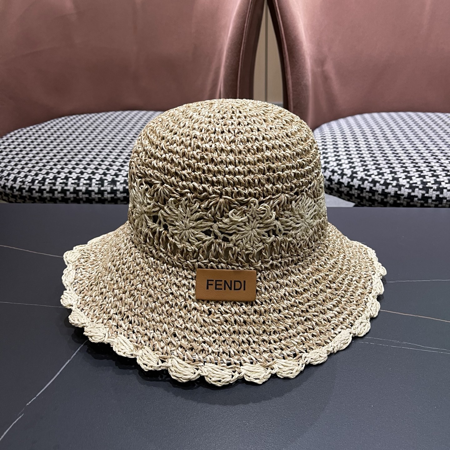 FENDI芬迪 小清新花边草帽女春夏季大帽檐可折叠防晒遮阳沙滩度假编织帽透气