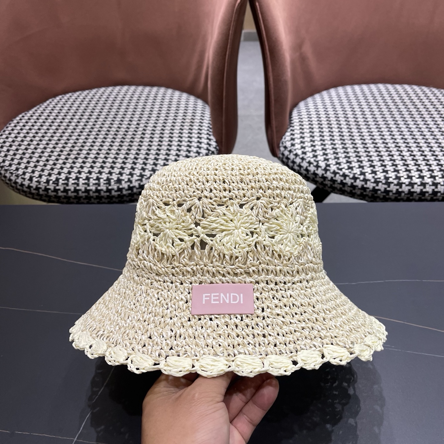 FENDI芬迪 小清新花边草帽女春夏季大帽檐可折叠防晒遮阳沙滩度假编织帽透气