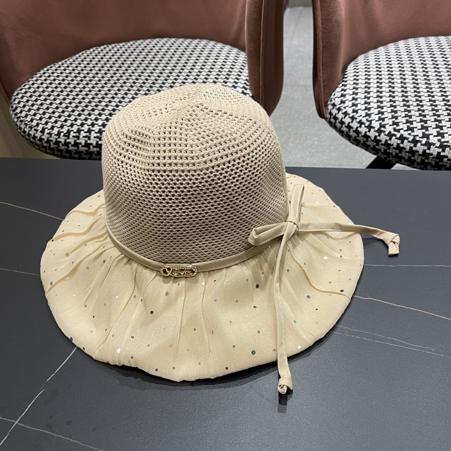 迪奥Dior 韩版波点蝴蝶结渔夫帽子女夏季出游防紫外线遮阳帽透气防晒帽百搭