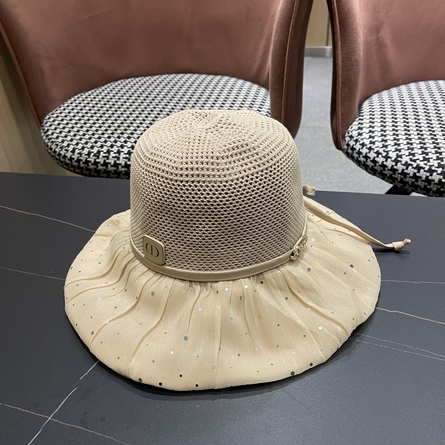 迪奥Dior 韩版波点蝴蝶结渔夫帽子女夏季出游防紫外线遮阳帽透气防晒帽百搭