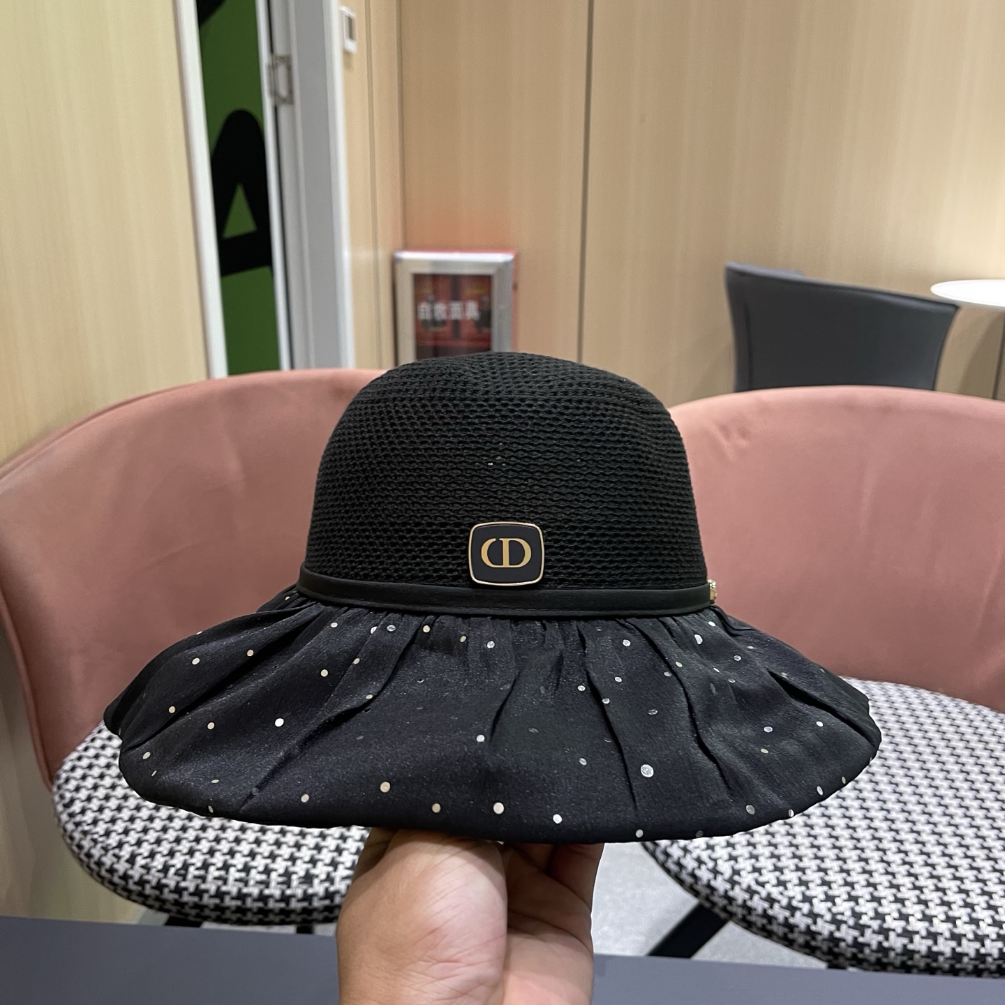 迪奥Dior 韩版波点蝴蝶结渔夫帽子女夏季出游防紫外线遮阳帽透气防晒帽百搭