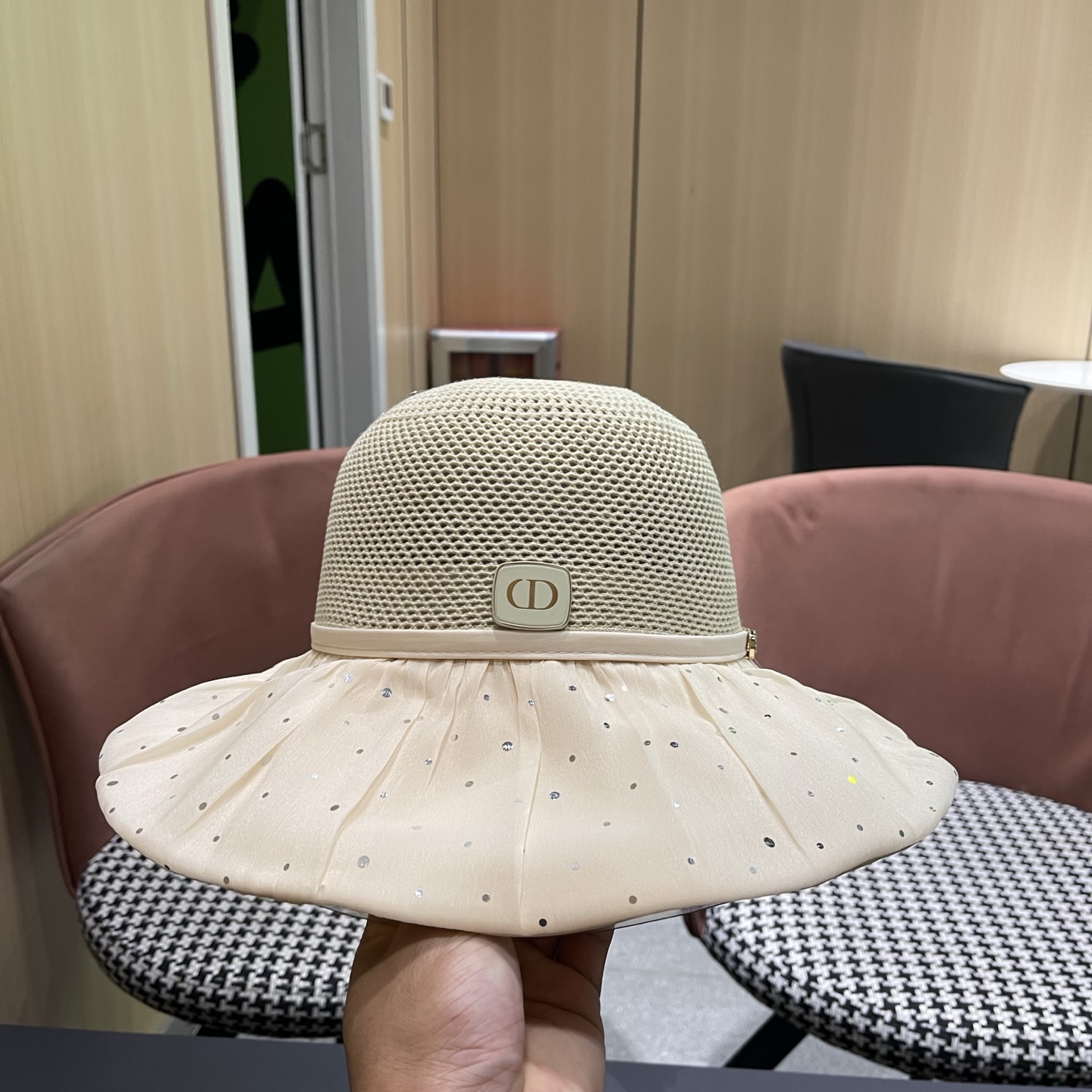 迪奥Dior 韩版波点蝴蝶结渔夫帽子女夏季出游防紫外线遮阳帽透气防晒帽百搭