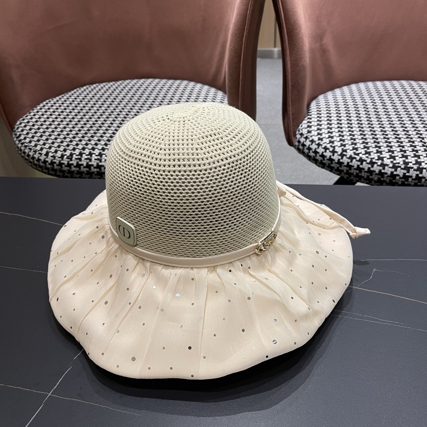 迪奥Dior 韩版波点蝴蝶结渔夫帽子女夏季出游防紫外线遮阳帽透气防晒帽百搭