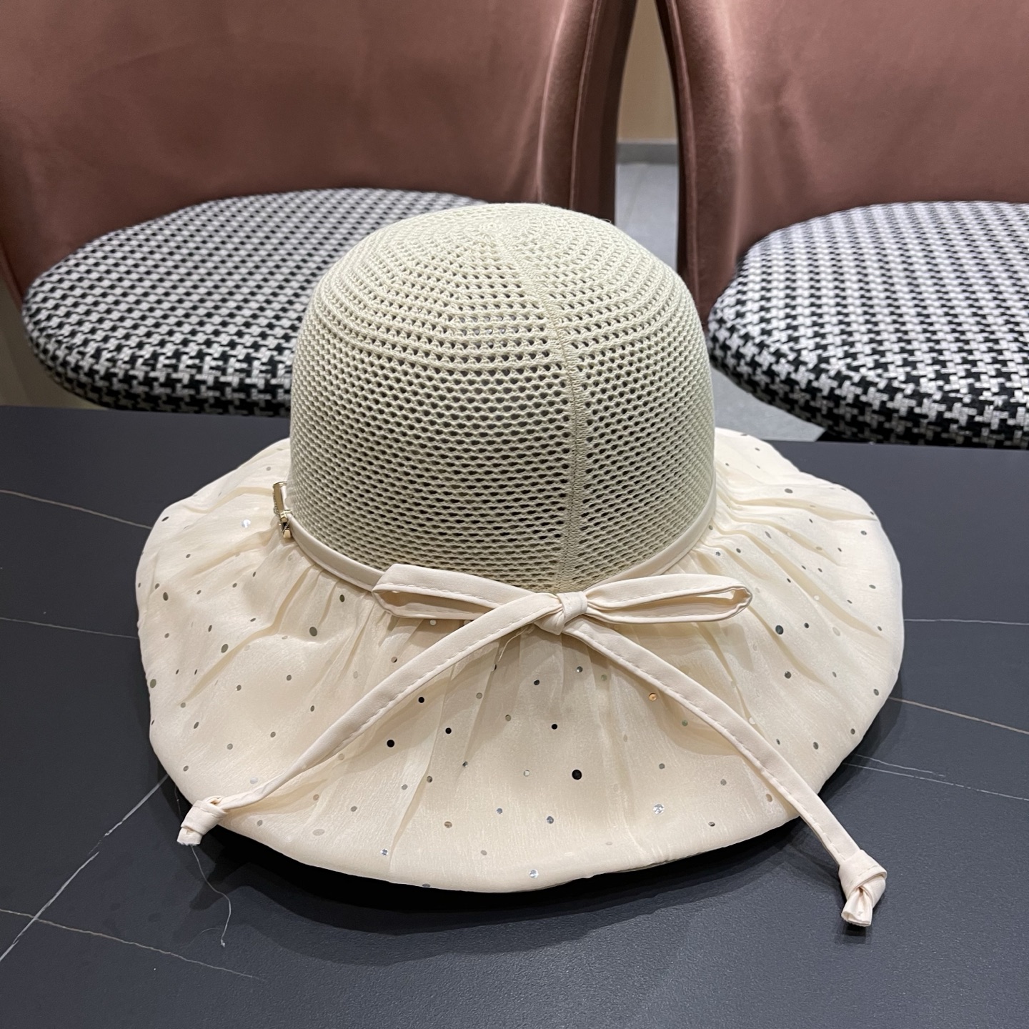 迪奥Dior 韩版波点蝴蝶结渔夫帽子女夏季出游防紫外线遮阳帽透气防晒帽百搭