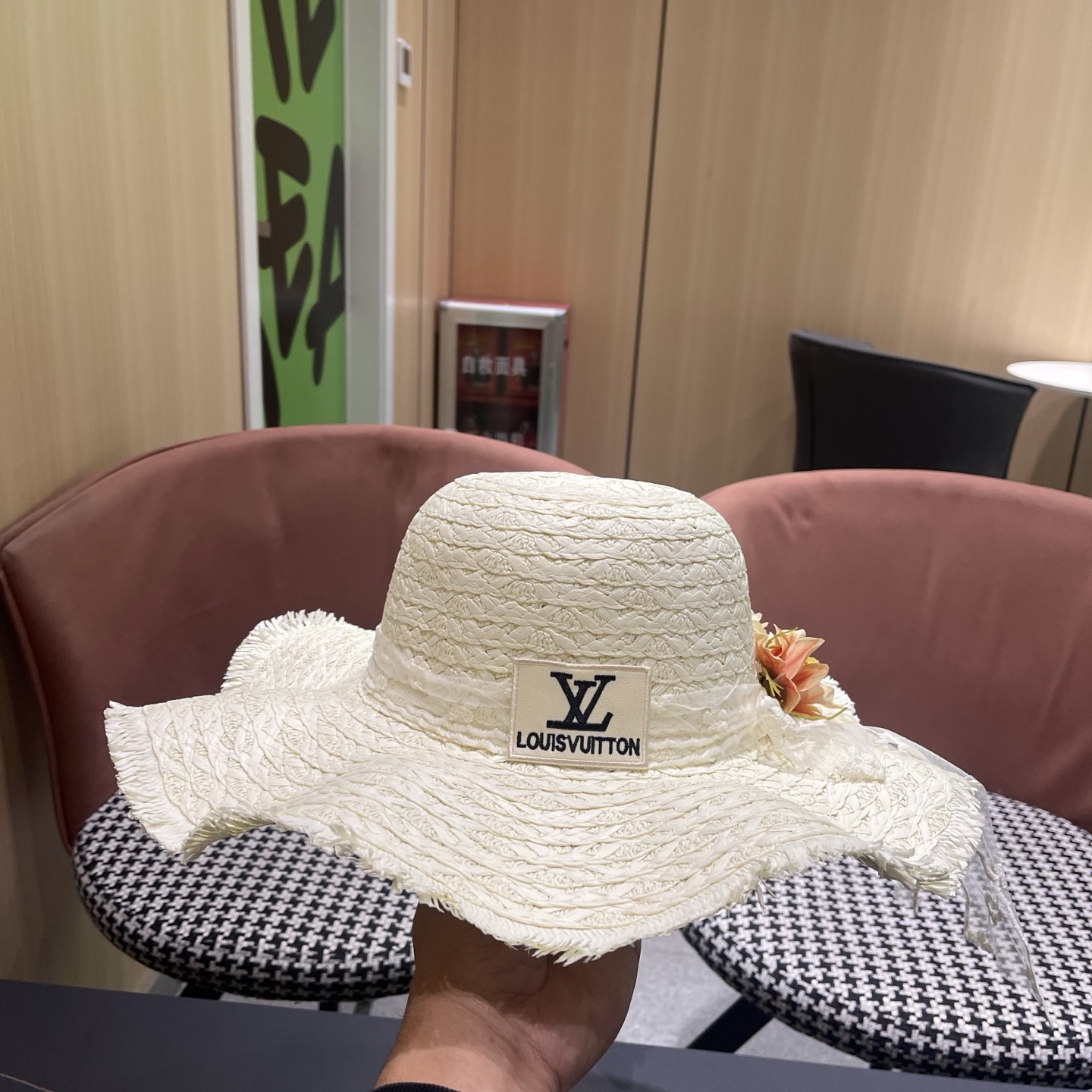 LV路易威登法式花朵蕾丝飘带草帽女夏季海边大帽檐遮阳防晒帽大头围太阳帽子