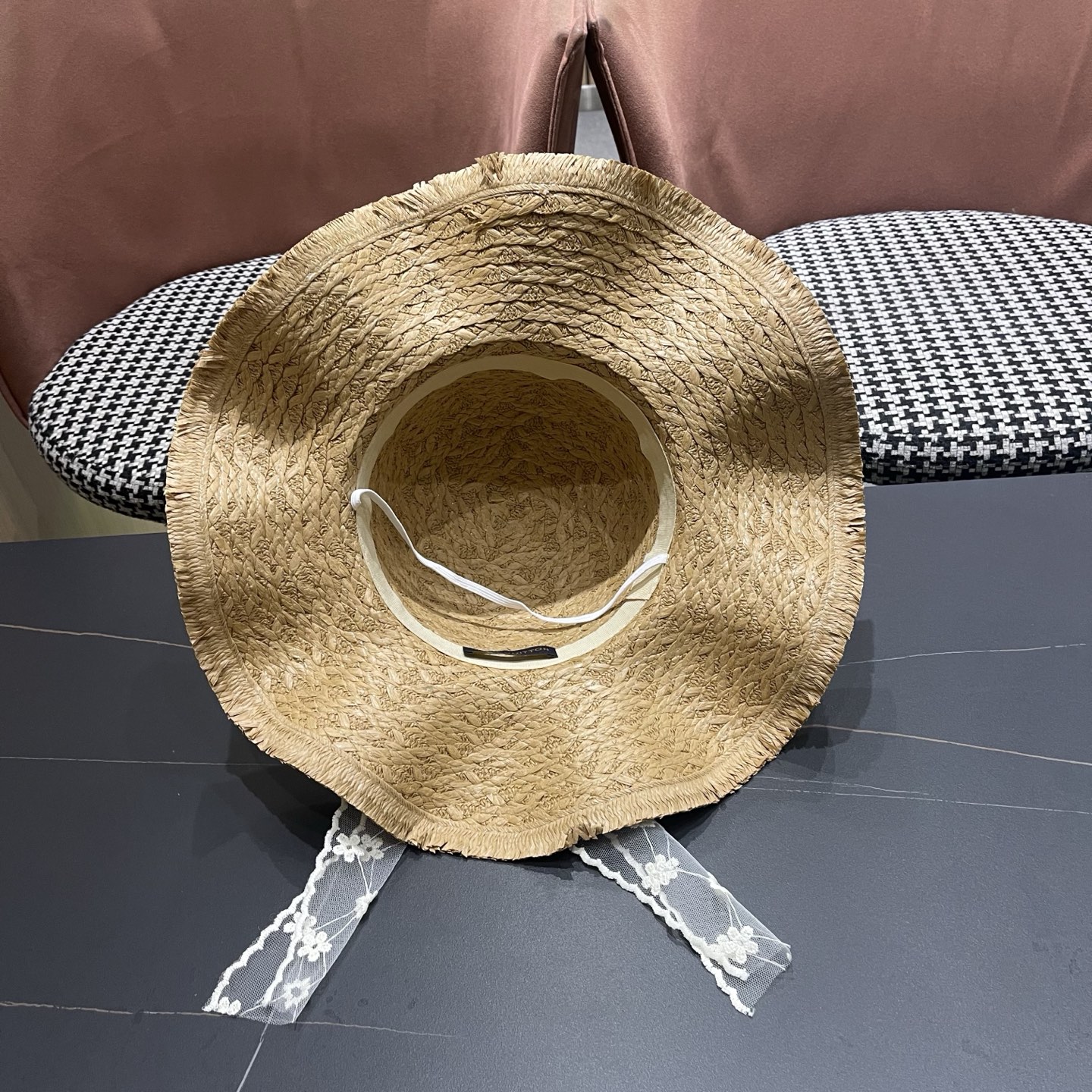 LV路易威登法式花朵蕾丝飘带草帽女夏季海边大帽檐遮阳防晒帽大头围太阳帽子