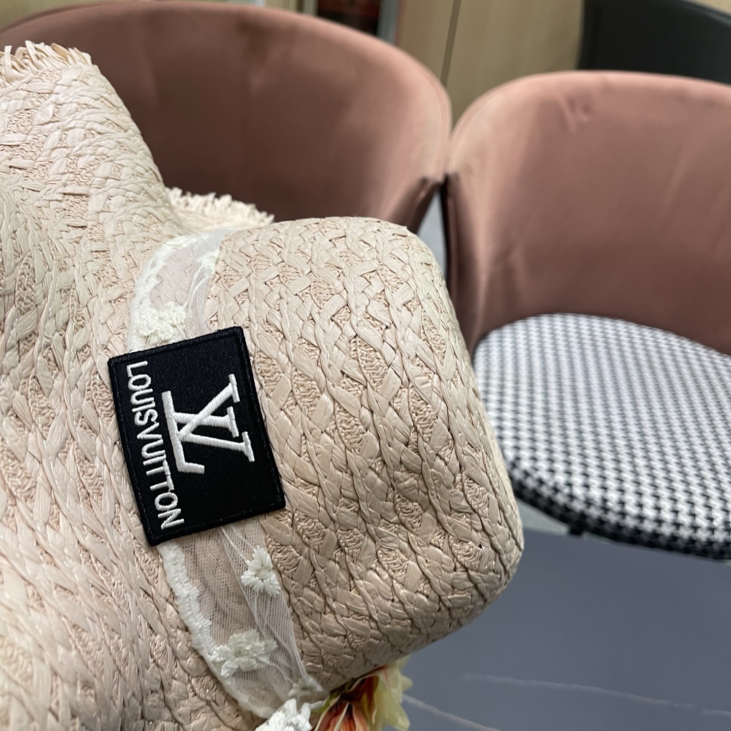 LV路易威登法式花朵蕾丝飘带草帽女夏季海边大帽檐遮阳防晒帽大头围太阳帽子