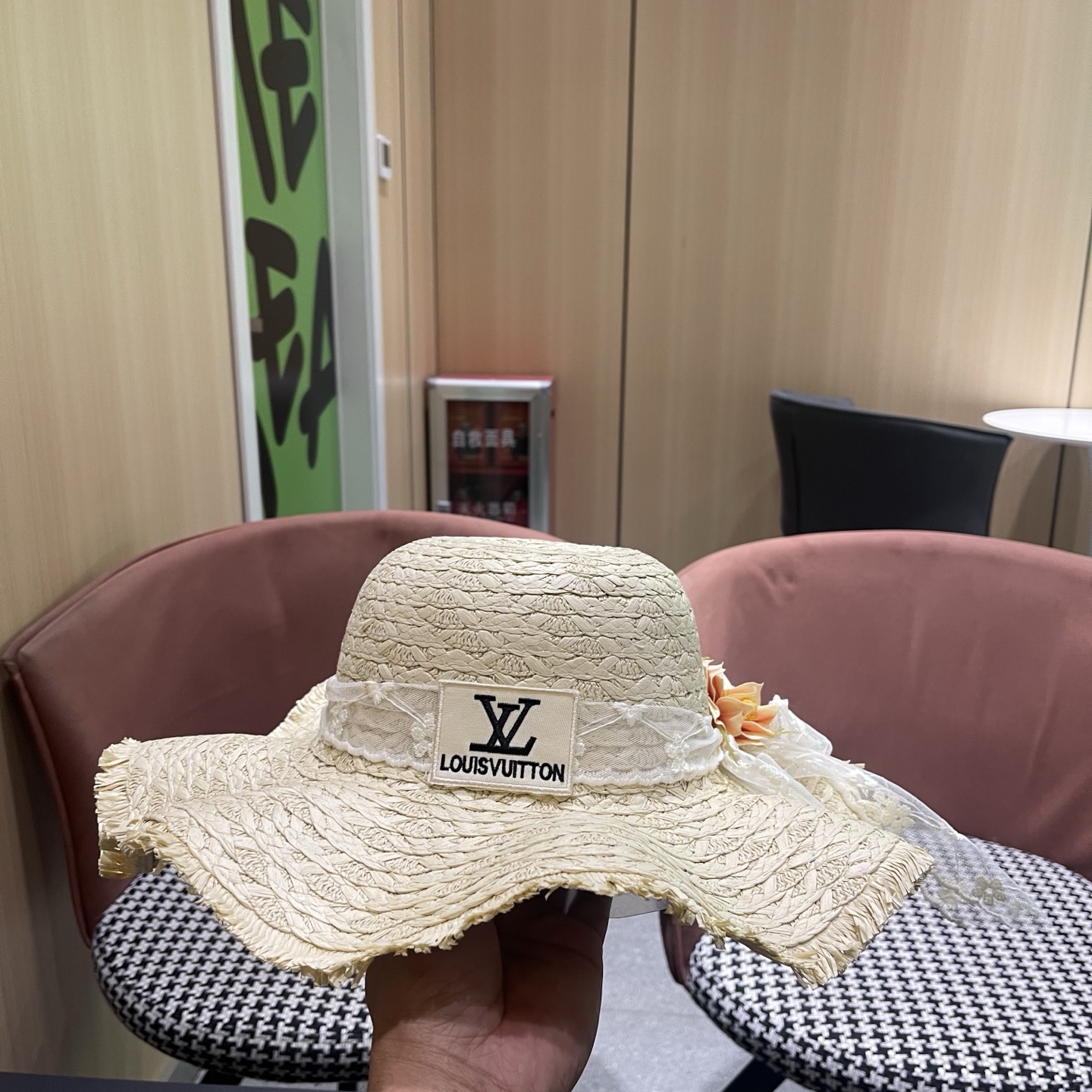 LV路易威登法式花朵蕾丝飘带草帽女夏季海边大帽檐遮阳防晒帽大头围太阳帽子