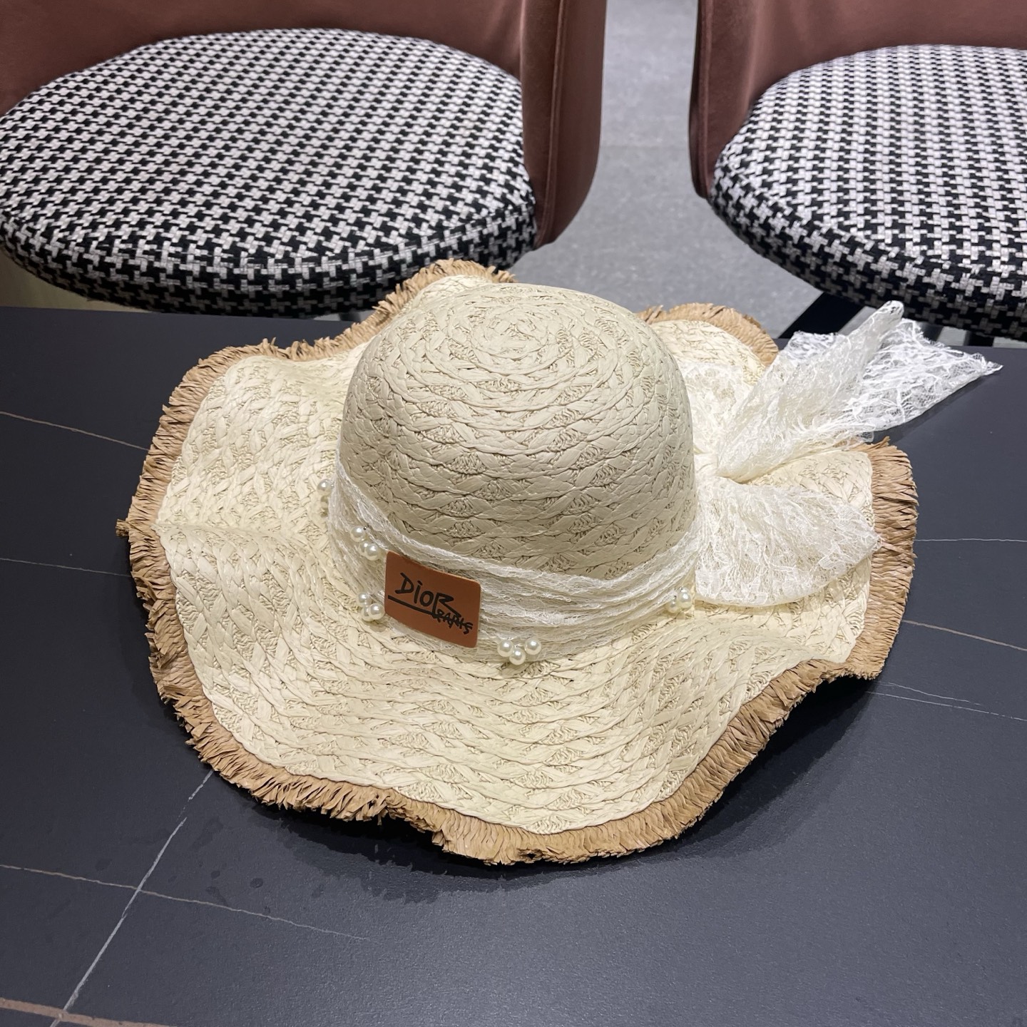 Dior迪奥 新款蕾丝蝴蝶结波浪形草帽女夏季海边度假大帽檐沙滩遮阳太阳帽子